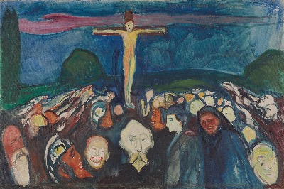 Jesus am kreuz mit menschen davor