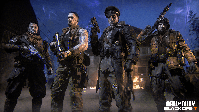 Vier Charaktere im Zombie-Mode von Call of Duty Black Ops 7 stehen bewaffnet nebeneinander