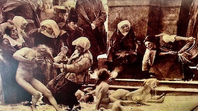 Eine in einem Gemälde festgehaltene schwarz-weiß Szene einer Folterung junger, unbekleideter Mädchen. Wüstes Durcheinander vieler Personen.