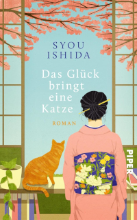 Rote Katze und Japanerin an einem Fenster - das Buchcover von Syou Ishidas Roman Das Glück bringt die Katze