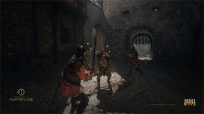 Der Hauptcharakter in Blood of Dawnwalker zieht das Schwert gegenüber Soldaten