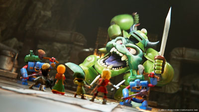 Ein grünes Monster mit Schwert greift die Party in Dragon Quest VII Reimagined an