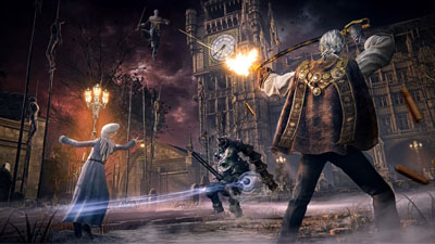 Mehrere Spieler stehen vor einem Uhrenturm und wehren Schüsse aus der Luft ab