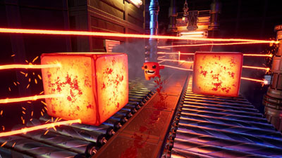 Meat Boy springt zwischen Lavablöcken und Lasern