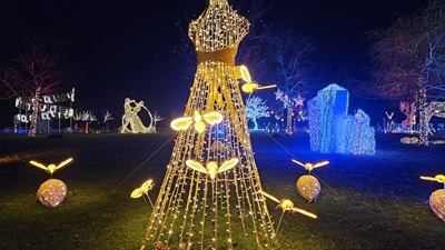 Kleid und Bienen als Lichtinstallation im Lichtergarten im Winterwunder Mörbisch