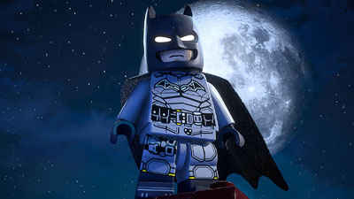 Lego Batman steht vor einem Vollmond