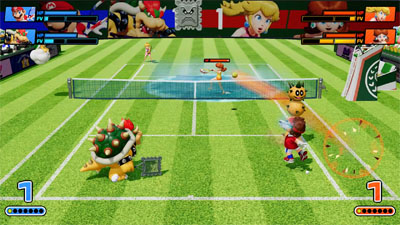 Mario und Bowser spielen in Mario Tennis Fever gegen Peach und Daisy