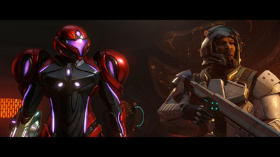 Samus im roten Anzug links und ein Mitglied der Federation Force rechts