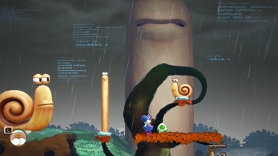 Yoshi blickt auf eine riesige Schnecke in einem Level in Mysterious Book