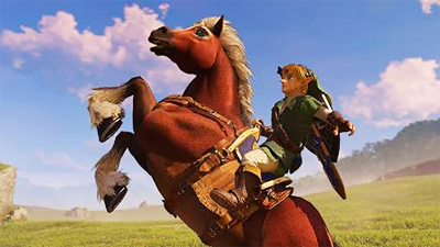 Link sitzt auf Epona, während das Pferd aufspringt