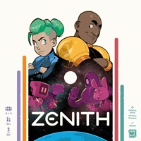 Cover des Brettspiels Zenith von 2025 zeigt einen Astronaut und eine Astronautin, Tiere und Roboter