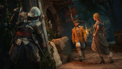 Der Assassine versteckt sich hinter einer Wand in Assassin's Creed Black Flag Resynced