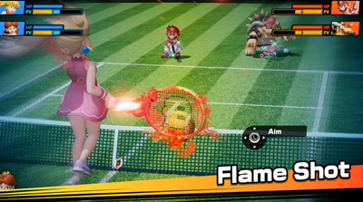 Peach aktiviert in Mario Tennis Fever den Flammenschuss gegen Bowser und Mario