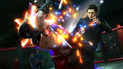 Mine tritt einen Gegner in der Arena von Yakuza Kiwami 3