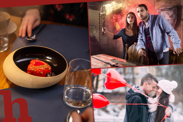 Valentinstag in Wien 2026 - Schokoladeherz Nachspeise, ein Pärchen mit Luftballons mit Herz und Mann und Frau bei einem Escape Game