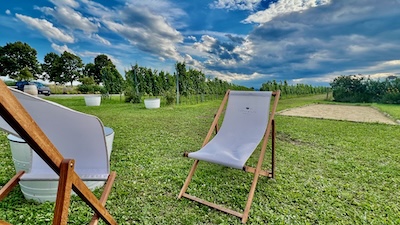 Gartenliegen vor dem Weingut Esterházy in Trausdorf an der Wulka.