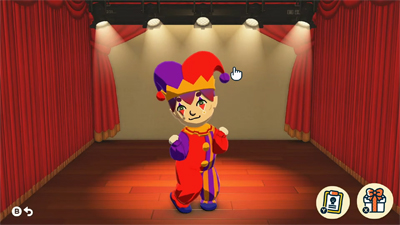 Ein Clown-Mii tanzt vor einer Kulisse