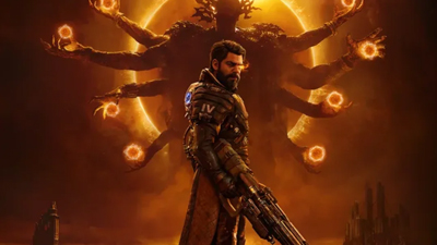 Der Hauptcharakter von Saros steht mit einer Waffe vor einem achtarmigen Monster