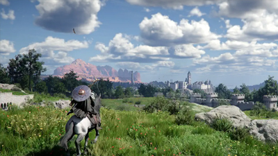 Der Held von Crimson Desert sieht auf einem Pferd auf ein Schloss