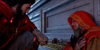 Kliff mit einem Mann in roter Robe im Spiel Crimson Desert.