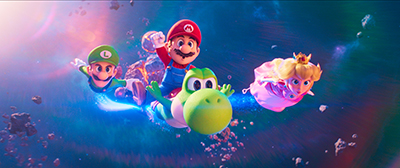 Super Mario fliegt im Super Mario Galaxy Film auf Joshi zusammen mit Peach und Luigi durch den Weltraum