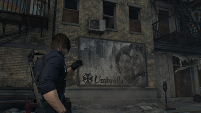 Leon sieht ein Umbrella-Plakat in Raccoon City