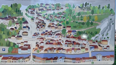 Planzeichnung von Třebíč mit der Judenstadt und dem Schlosshügel mit der Basilika.
