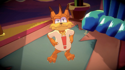 Bubsy blickt in die Kamera und steht auf einem Tisch