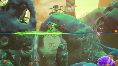 Yoshi benutzt eine Angel auf einem See im Videospiel Yoshi and the Mysterious Book
