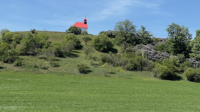 Blick von unten auf den Hügel Santon mit der Kapelle.
