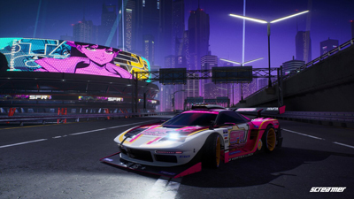 Ein pinker Wagen steht vor einem Anime-Reklamebild