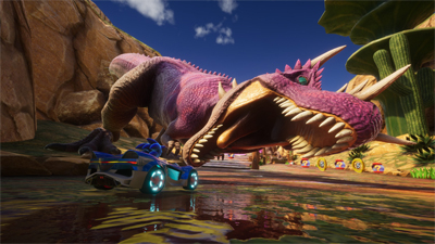 Ein Dinosaurier in Sonic Racing Crossworlds will das Kart von Sonic fressen