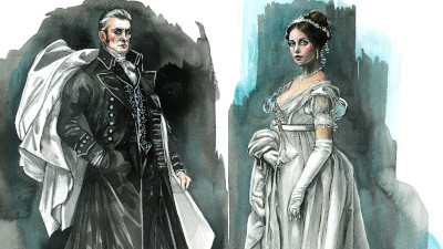 Gemalte Entwürfe der Kostüme von Scarpia und Tosca. Er mit schwarzem Mantel, sie im weißen Kleid.