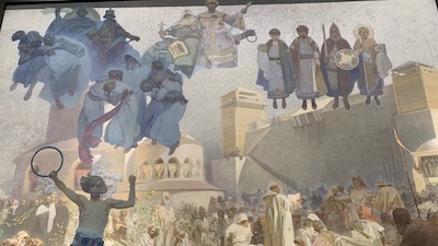 "Die Einführung der slawischen Liturgie" (1912), Gemälde des Zyklus "Das Slawische Epos" von Alfons Mucha.