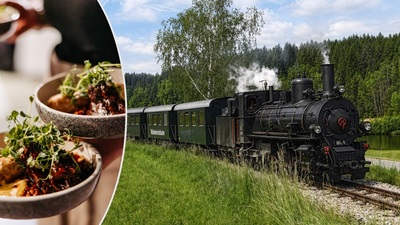 Dampflok Mh 4. der Waldviertelbahn und angerichtetes feines Essen