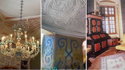 Schloss Buchlovice, von links nach rechts Venezianischer Luster, Sala terrena, Barockkabinett.