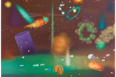Abstrakte, farbenfrohe Illustration mit schwebenden geometrischen Formen, leuchtenden Kreisen und cometartigen Lichtspuren vor einem verschwommenen Hintergrund. Die Szene wirkt wie eine fantasievolle Weltraum- oder Traumlandschaft mit glitzernden Details und dynamischer Bewegung.