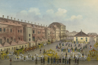 Illustration der Habsburger-Hofstallungen mit goldenen Kutschen, Lipizzanern und Menschen