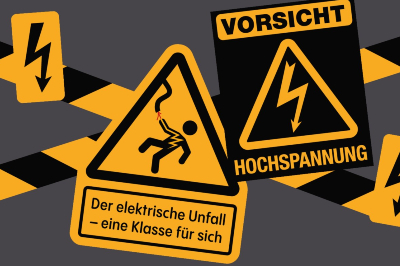 Plakat zur neu eröffneten Sommer-Ausstellung im Narrenturm mit den Aufschriften "Vorsicht Hochspannung" und "Der elektrische Unfall - eine Klasse für sich" in grau, schwarz und gelb