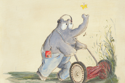 ein Rasen mähender Elefant mit Kopfhörern und ein gelber Schmetterling...Teil der aktuellen Sommer-Ausstellung Otto meets Albertina