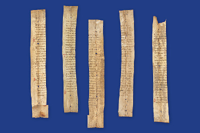 Fünf schmale, längliche Pergamentstreifen mit handschriftlichem Text und Gebrauchsspuren hängen vor einem einfarbig blauen Hintergrund. Die antiken Dokumentfragmente sind unterschiedlich lang und teilweise beschädigt oder eingerissen.
