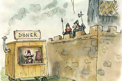Comic zeigt Ritter auf einer Festung und einen türkischen Dönerverkäufer