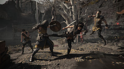 Die Heldin in Plague Tale tritt gegen mehrere Banditen an