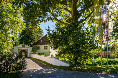 schloss lackenbach hinter bäumen und Fahnen davor