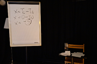 Tafel / Flipchart (beschriftet), daneben ein Tisch mit einem Glas Wasser und Zetteln