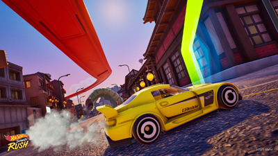 Ein gelbes Hot Wheels-Auto im Drift
