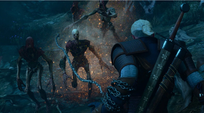 Geralt setzt eine Kette gegen mehrere Untote ein