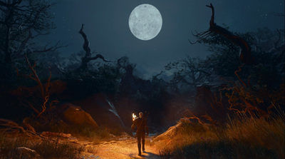 Geralt von hinten mit Fackel, vor ihm ein Mond und Waldgebiet