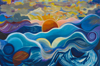 Illustration von Sonne über blauen Wellen