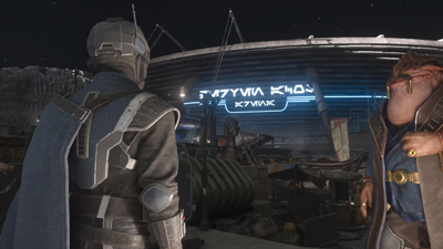 Shade steht in Star Wars Galactic Racer vor dem Weltraumstadion
